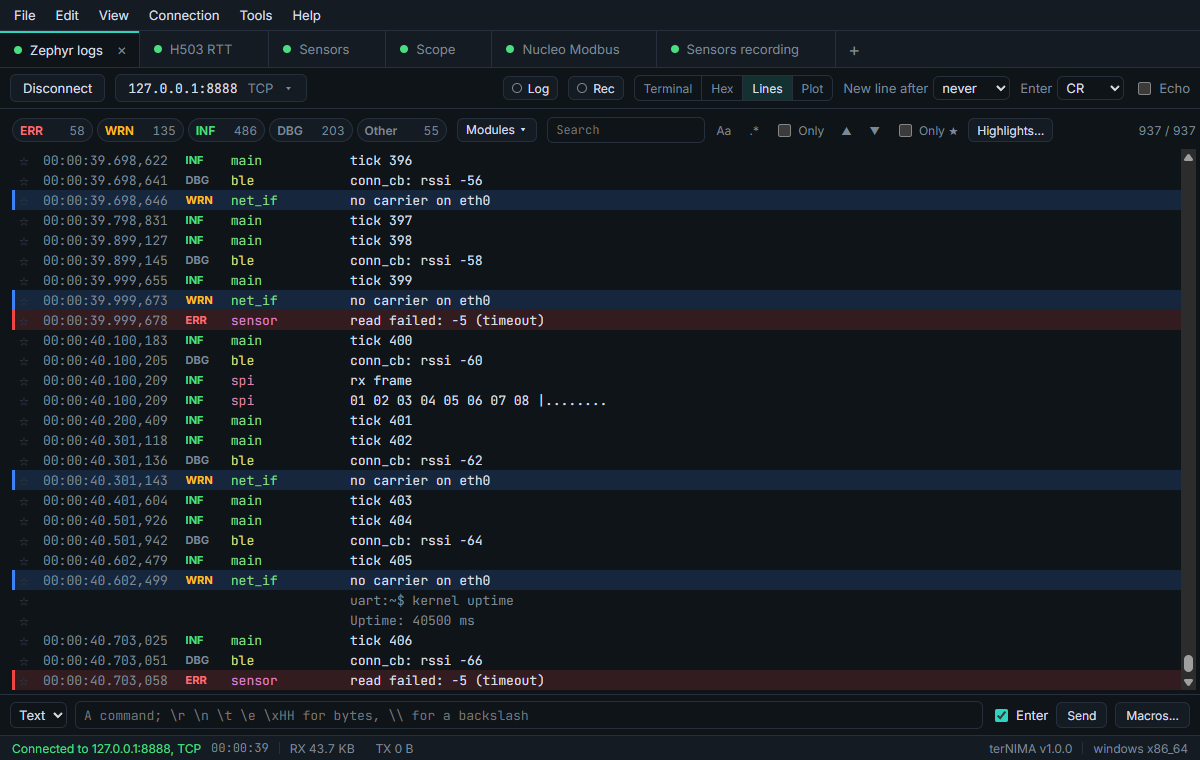 terNIMA showing Zephyr logs by level and module, with highlights